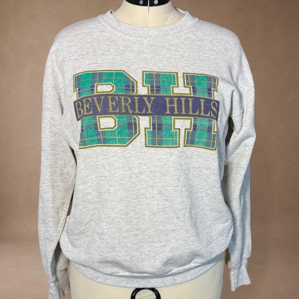 Beverly Hills Plaid Graphic Sweatshirt Made USA Vintage Large Preppy Collegiate